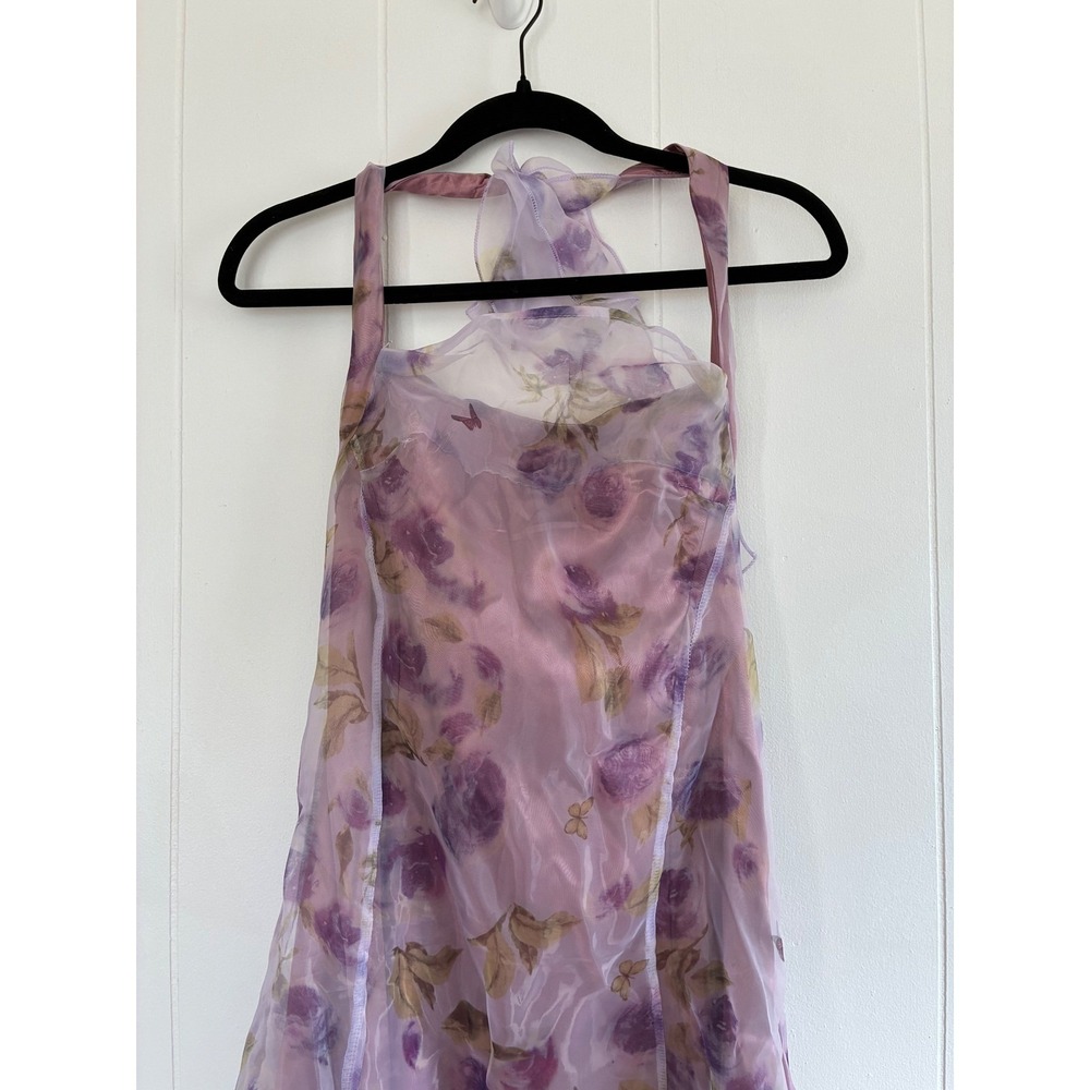 TCCX Floral Mesh Midi Dress Lace Up Back Fairycore Whimsigoth Sheer Overlay L - Picture 3 of 11